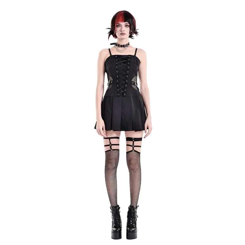 Punk-Slipkleid für Damen mit Schnallenriemen, Mesh-Einsätzen und plissiertem Saum – Abschlusskleid