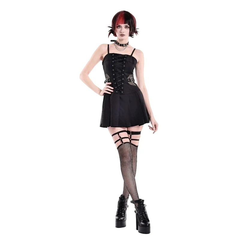 Punk-Slipkleid für Damen mit Schnallenriemen, Mesh-Einsätzen und plissiertem Saum – Abschlusskleid