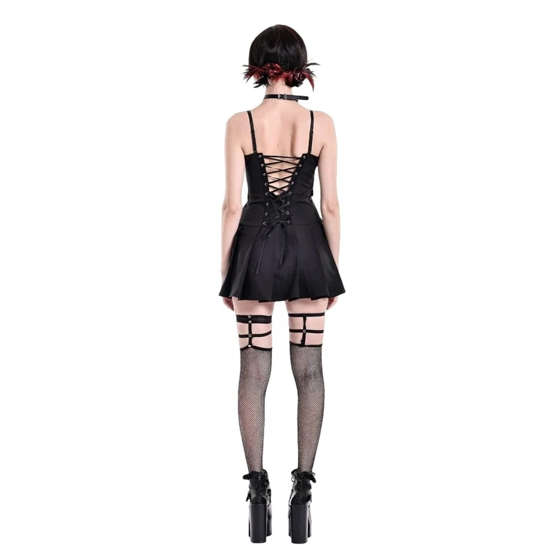 Punk-Slipkleid für Damen mit Schnallenriemen, Mesh-Einsätzen und plissiertem Saum – Abschlusskleid
