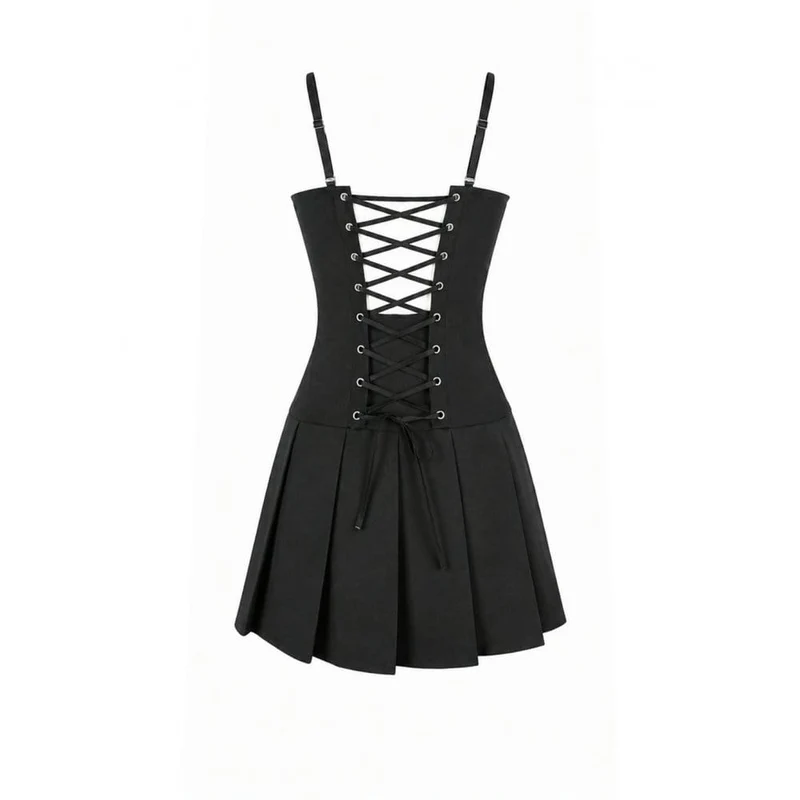 Punk-Slipkleid für Damen mit Schnallenriemen, Mesh-Einsätzen und plissiertem Saum – Abschlusskleid