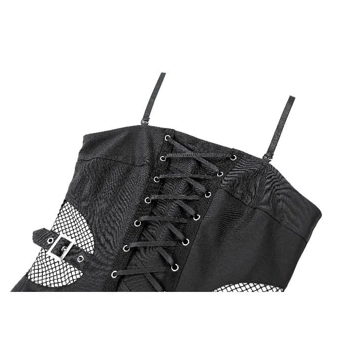 Punk-Slipkleid für Damen mit Schnallenriemen, Mesh-Einsätzen und plissiertem Saum – Abschlusskleid