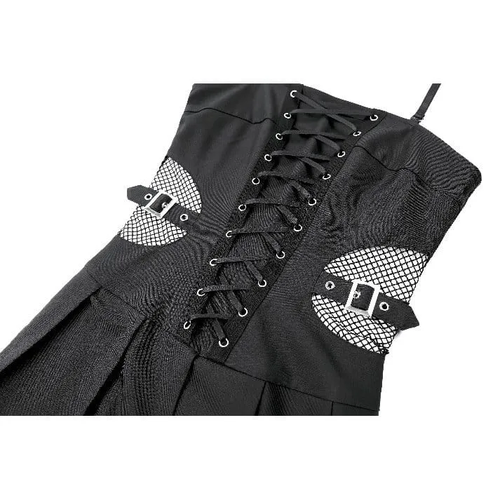 Punk-Slipkleid für Damen mit Schnallenriemen, Mesh-Einsätzen und plissiertem Saum – Abschlusskleid
