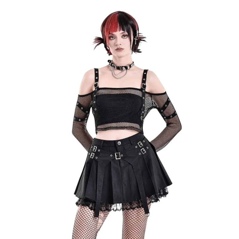 Damen-Punk-Rock mit Spitzen-Patchwork, Schnallenriemen und Falten