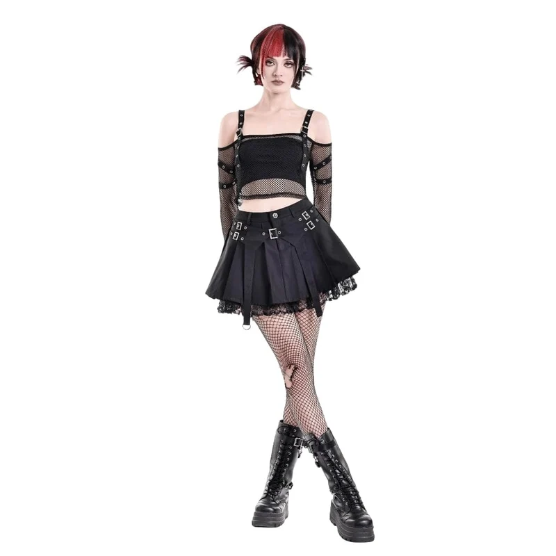 Damen-Punk-Rock mit Spitzen-Patchwork, Schnallenriemen und Falten