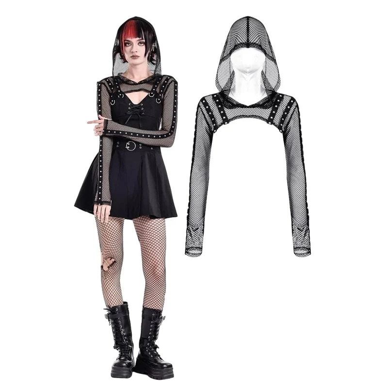 Cyberpunk-Umhang für Damen mit Nieten und Kapuze aus Netzgewebe