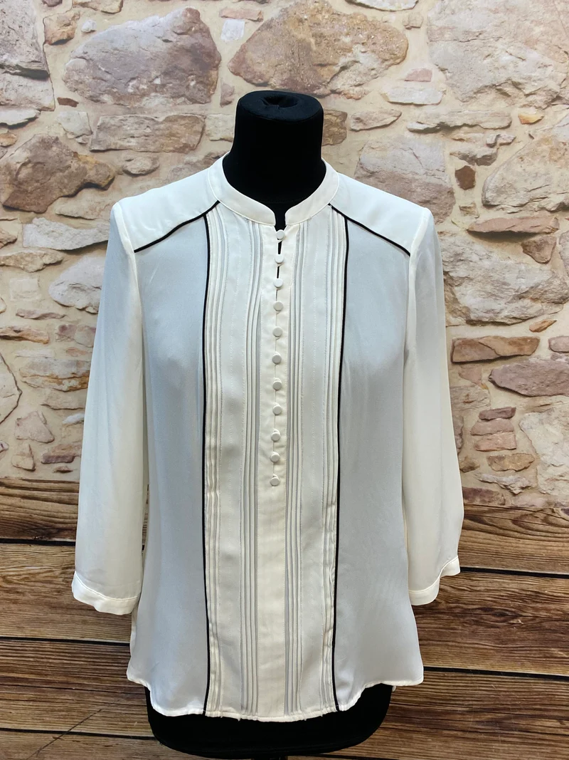 Vintage Bluse Damen Gr. 40 Creme Stehkragen 20er Jahre Stil