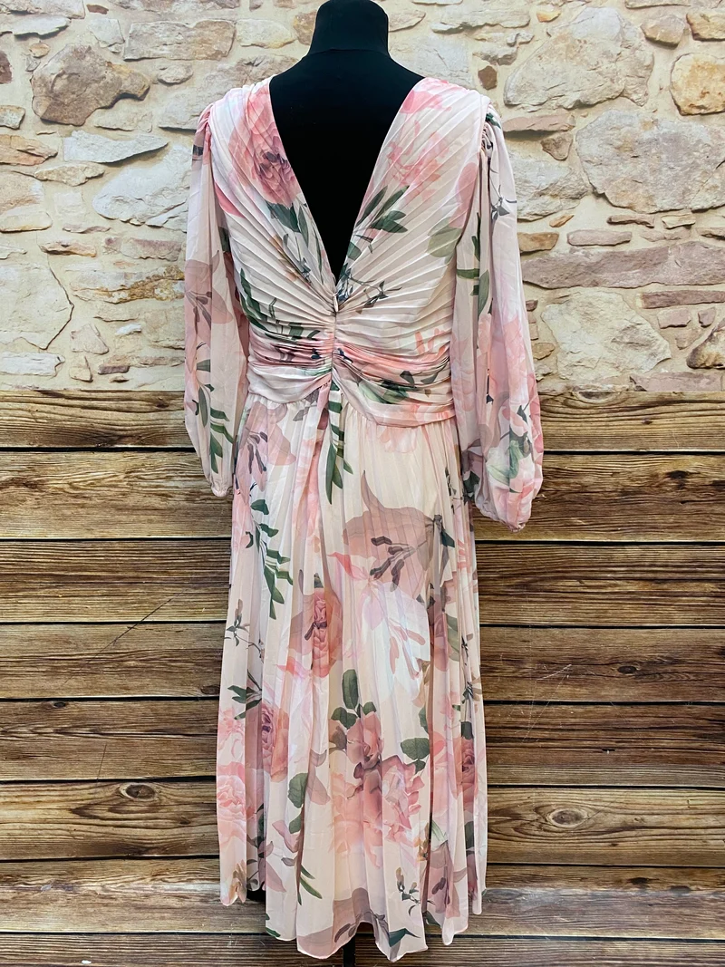 Vintage Abendkleid Damen Gr. 40 Floral Plissee Chiffon Kleid lang