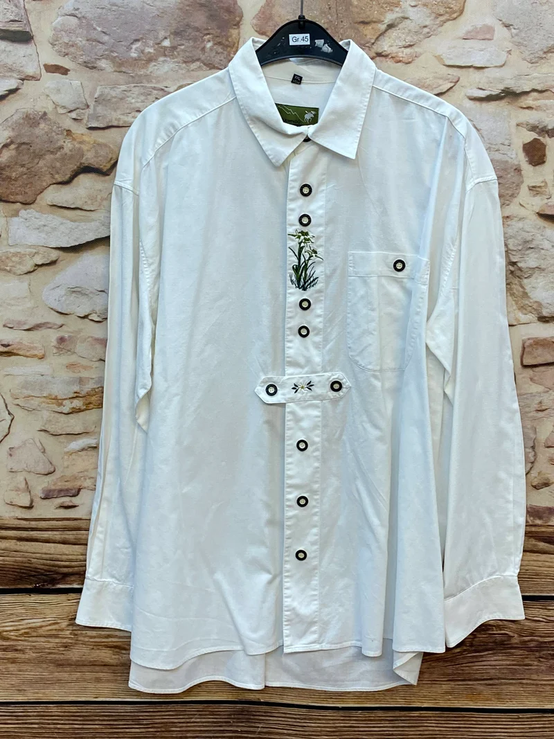 Vintage Trachtenhemd Herren Gr. 45/46 – weiß mit Stickerei