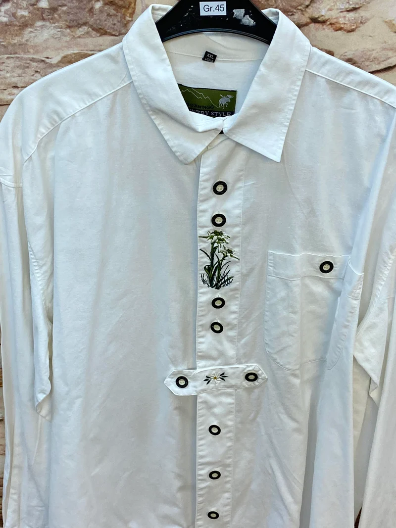 Vintage Trachtenhemd Herren Gr. 45/46 – weiß mit Stickerei