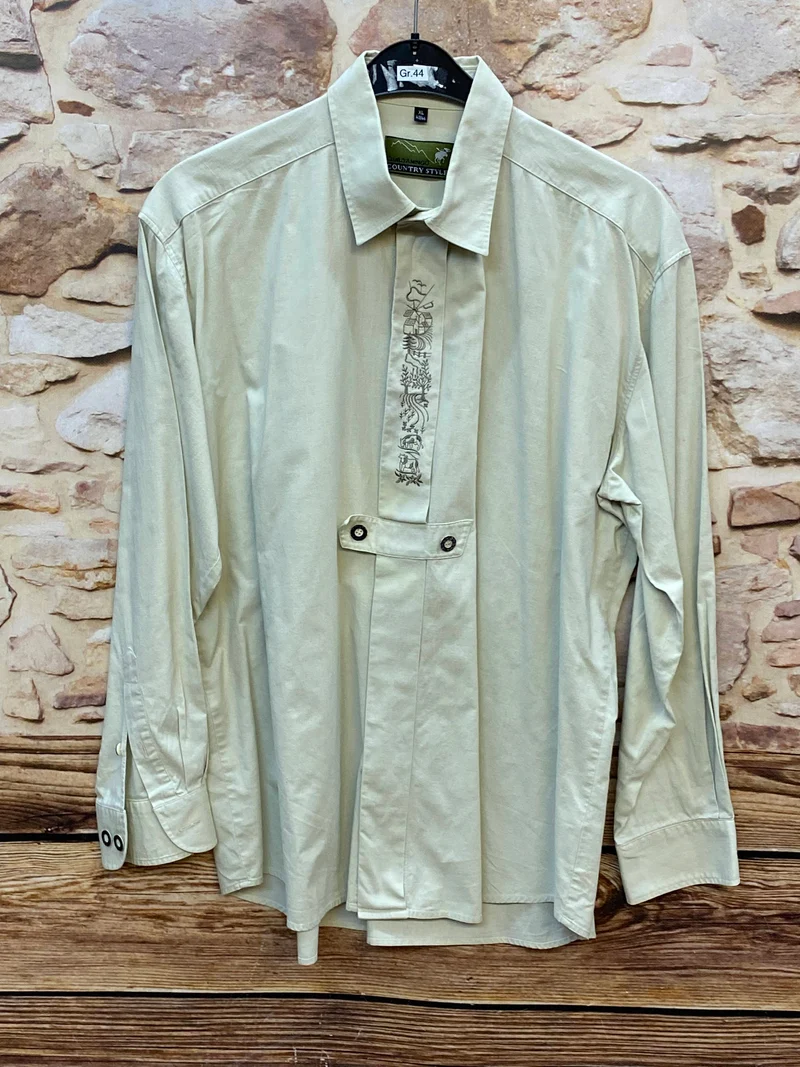 Vintage Trachtenhemd Herren 44 – Hellgrün mit feiner Stickerei