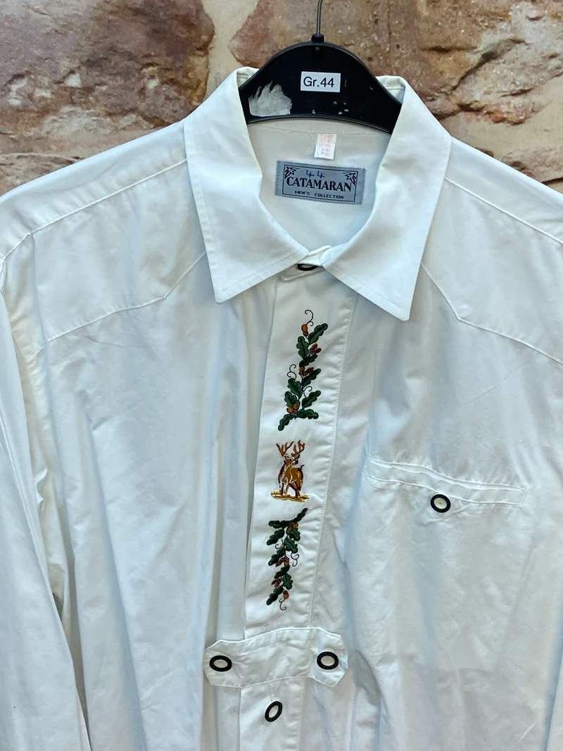 Vintage Trachtenhemd Herren 44 – Weiß mit Hirsch Stickerei