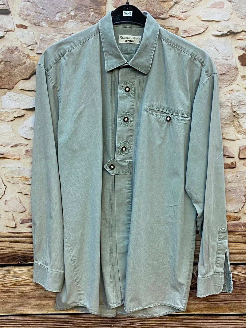 Vintage Trachtenhemd Herren – Salbeigrün – Gr. L 42