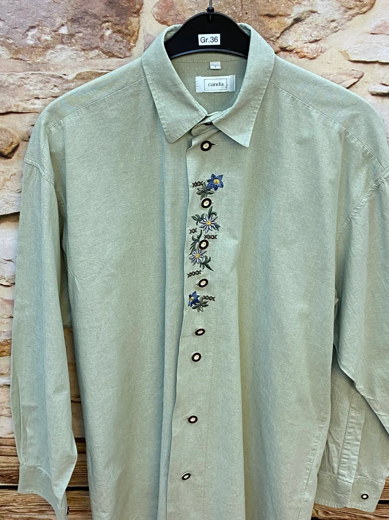 Vintage Trachtenhemd Herren mit Stickerei – Hellgrün – Gr. S
