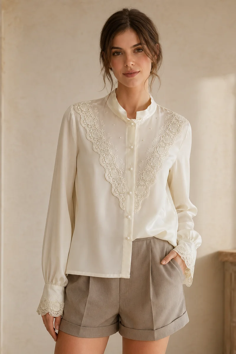 Vintage Spitzenbluse – Cremeweiß – Gr. 44