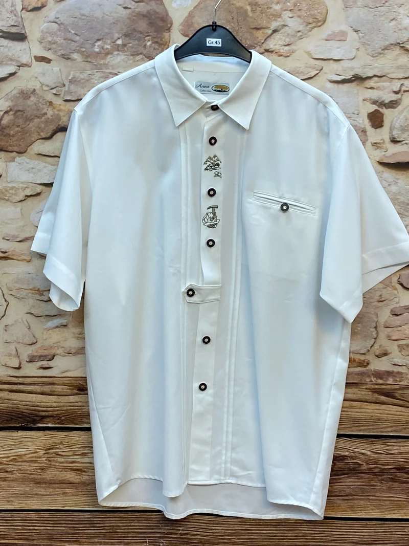 Trachtenhemd Herren Weiß Kurzarm Stickerei Baumwolle Gr. 45 / XXL
