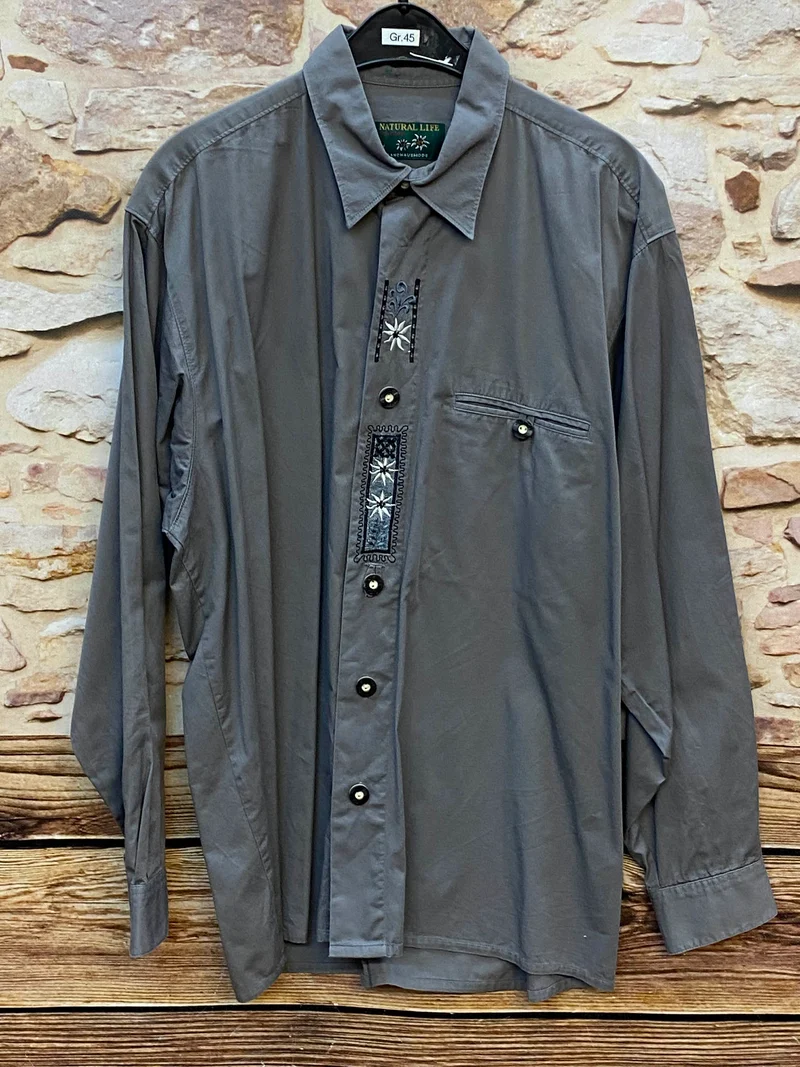 Trachtenhemd Herren grau mit Edelweiß Stickerei Baumwolle Gr. 45