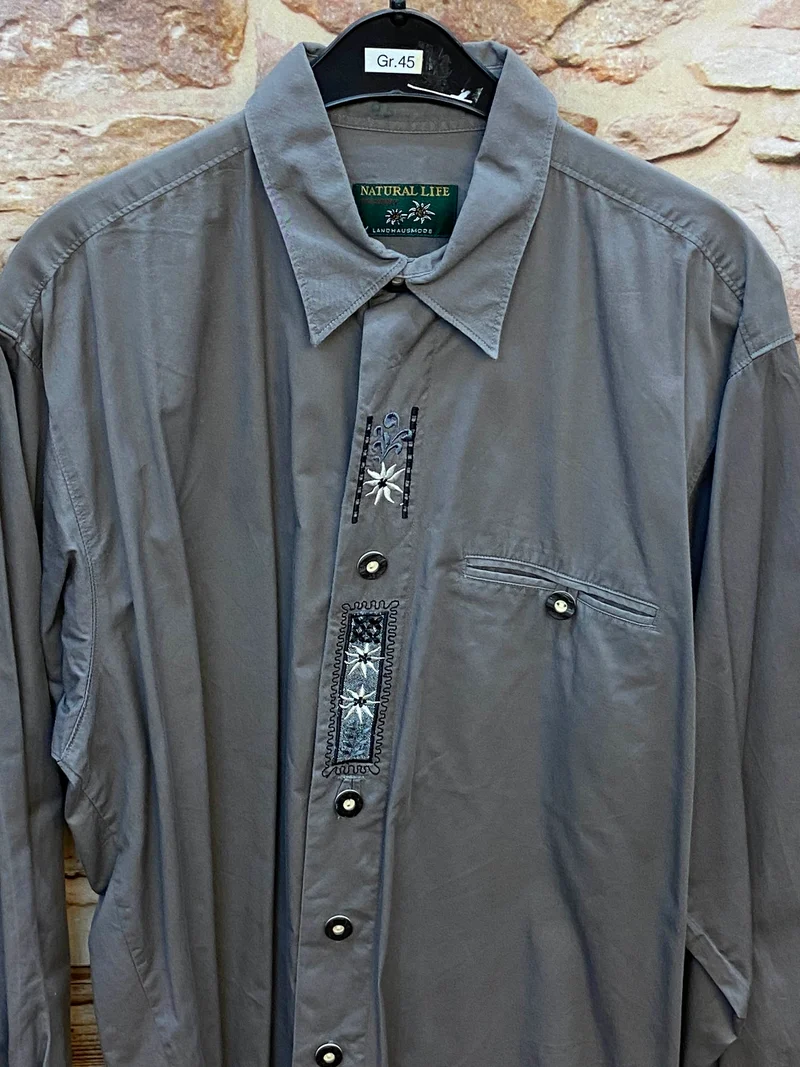 Trachtenhemd Herren grau mit Edelweiß Stickerei Baumwolle Gr. 45