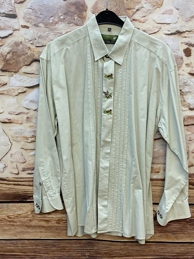Trachtenhemd Herren beige mit Stickerei Baumwolle Gr. XXL (45/46)