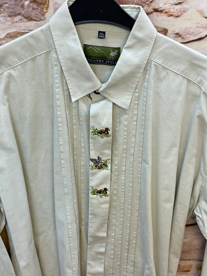 Trachtenhemd Herren beige mit Stickerei Baumwolle Gr. XXL (45/46)