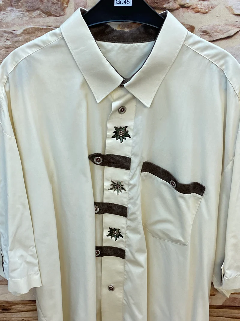 Trachtenhemd Herren creme mit Edelweiß Stickerei kurzarm Gr. 44