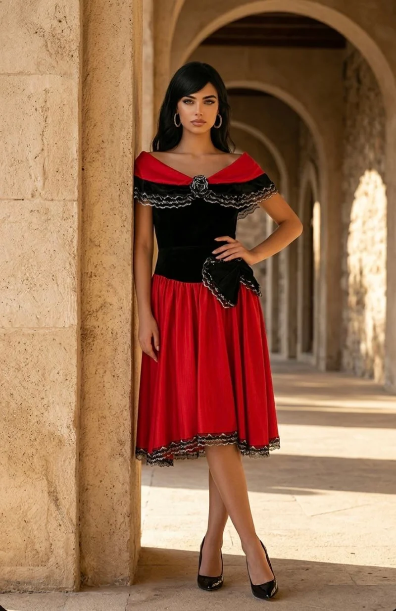 Vintage Cocktailkleid Rot Schwarz mit Spitze – festliches Abendkleid Gr. 44