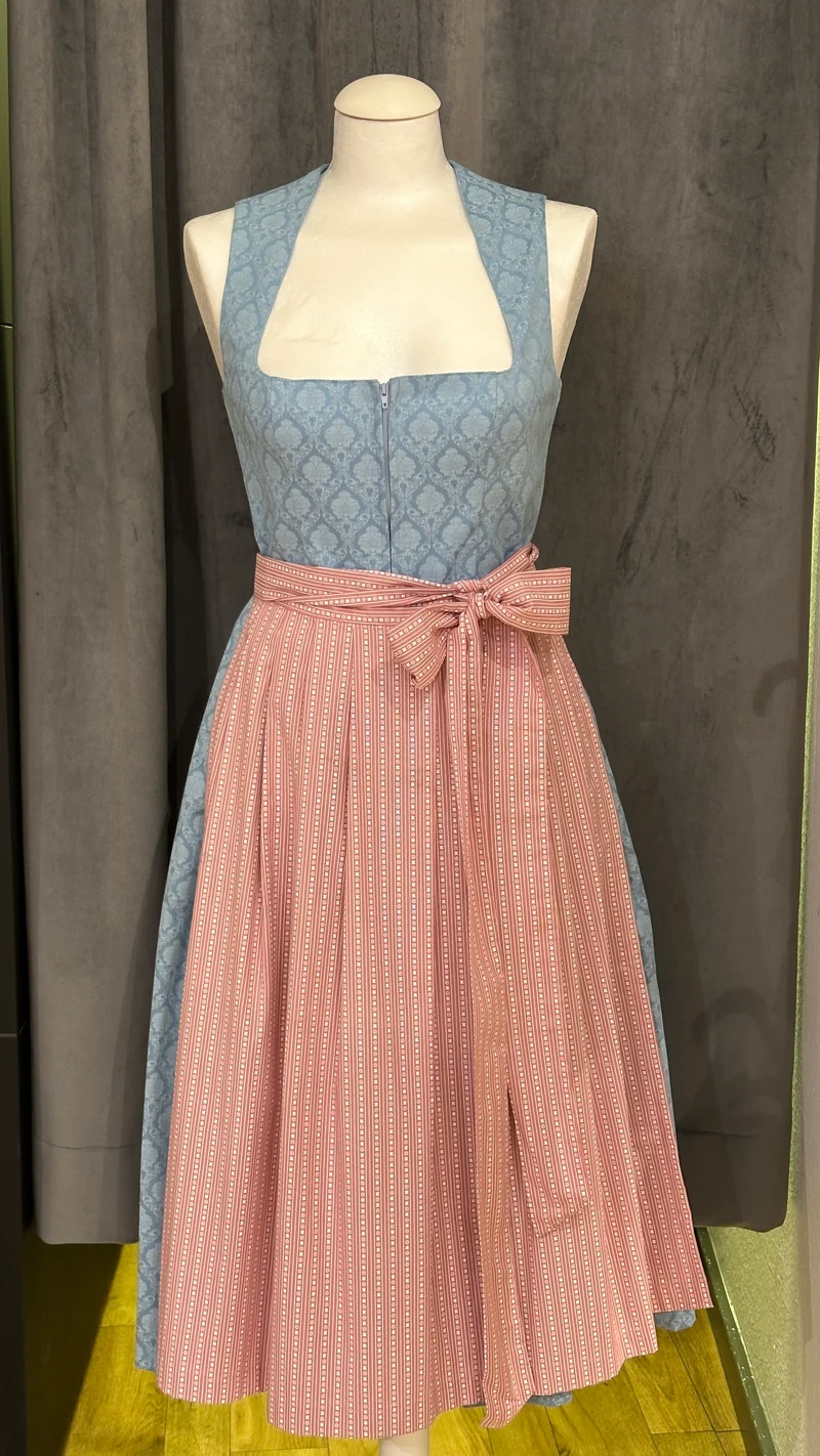Baumwolldirndl Goldstich hellblau rose 75cm mit Reißverschluss