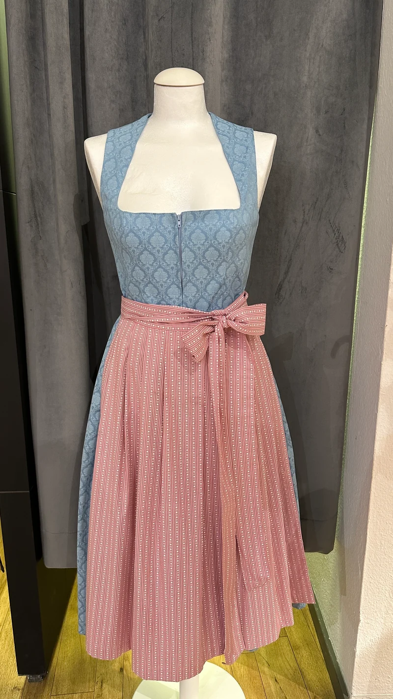 Baumwolldirndl Goldstich hellblau rose 75cm mit Reißverschluss
