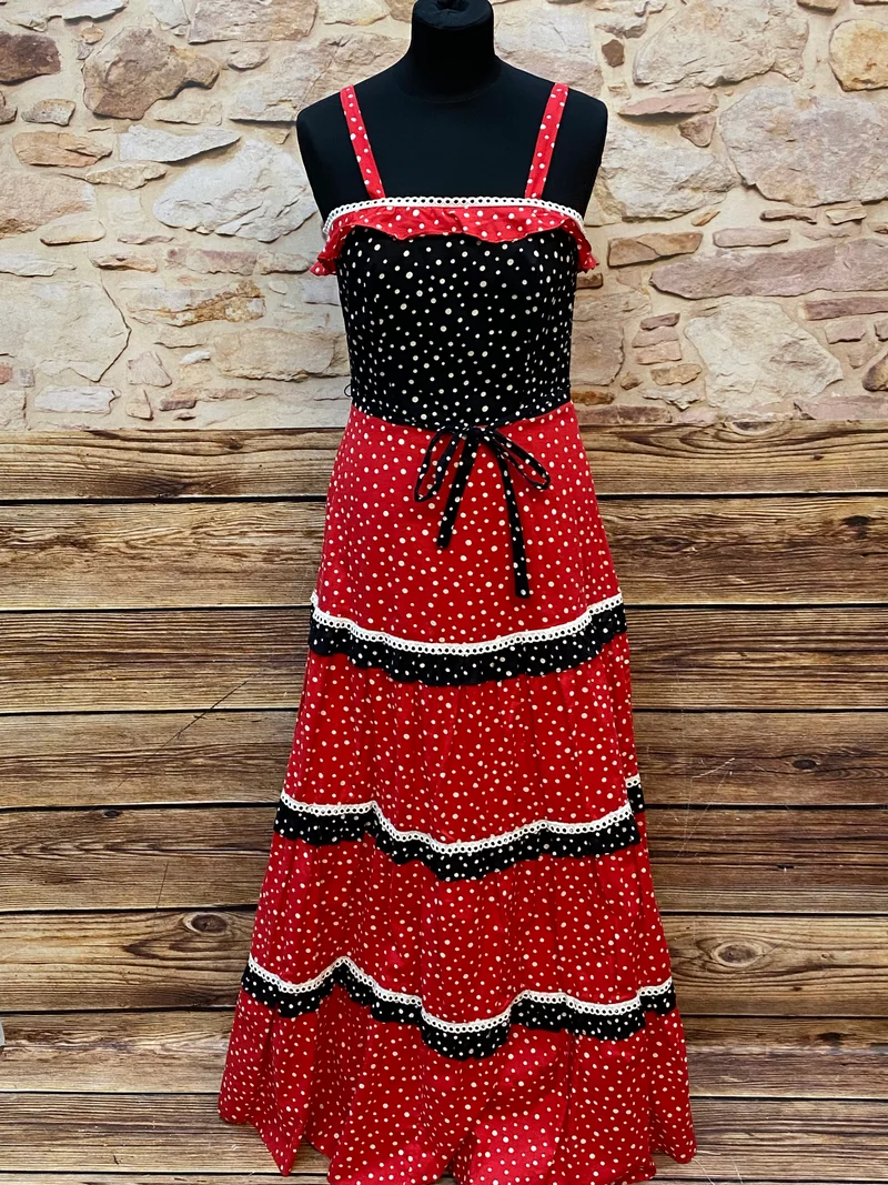 70er Jahre Vintage Maxikleid Rot Schwarz Polka Dots – Sommerkleid Gr. 34
