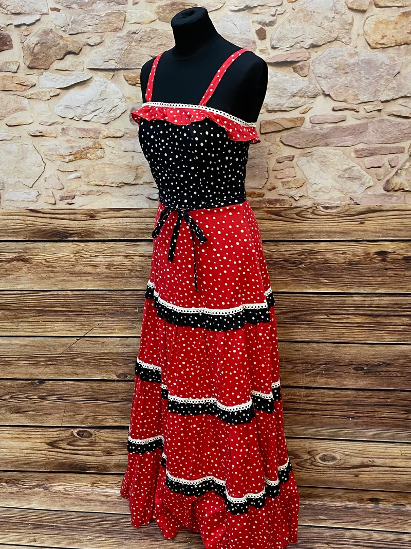 70er Jahre Vintage Maxikleid Rot Schwarz Polka Dots – Sommerkleid Gr. 34