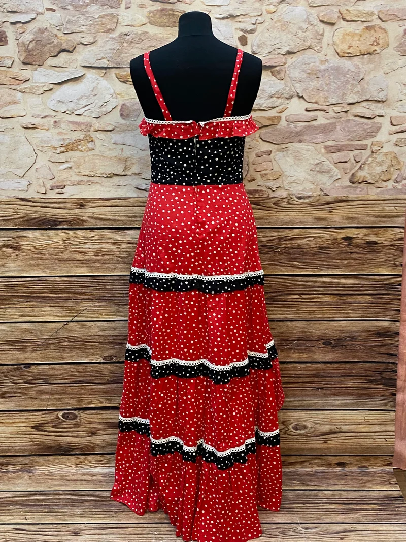 70er Jahre Vintage Maxikleid Rot Schwarz Polka Dots – Sommerkleid Gr. 34