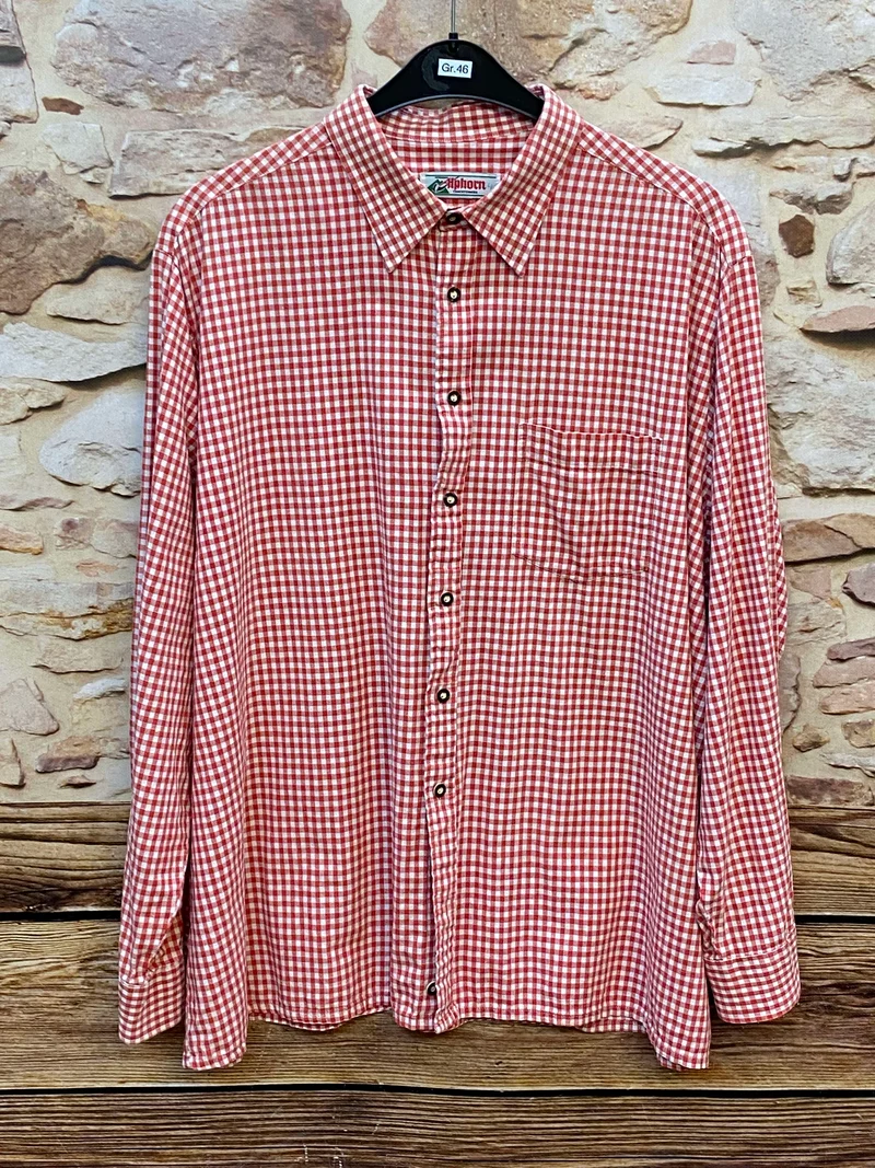 Trachtenhemd Herren rot weiß kariert Gr. 46 Alphorn Vintage