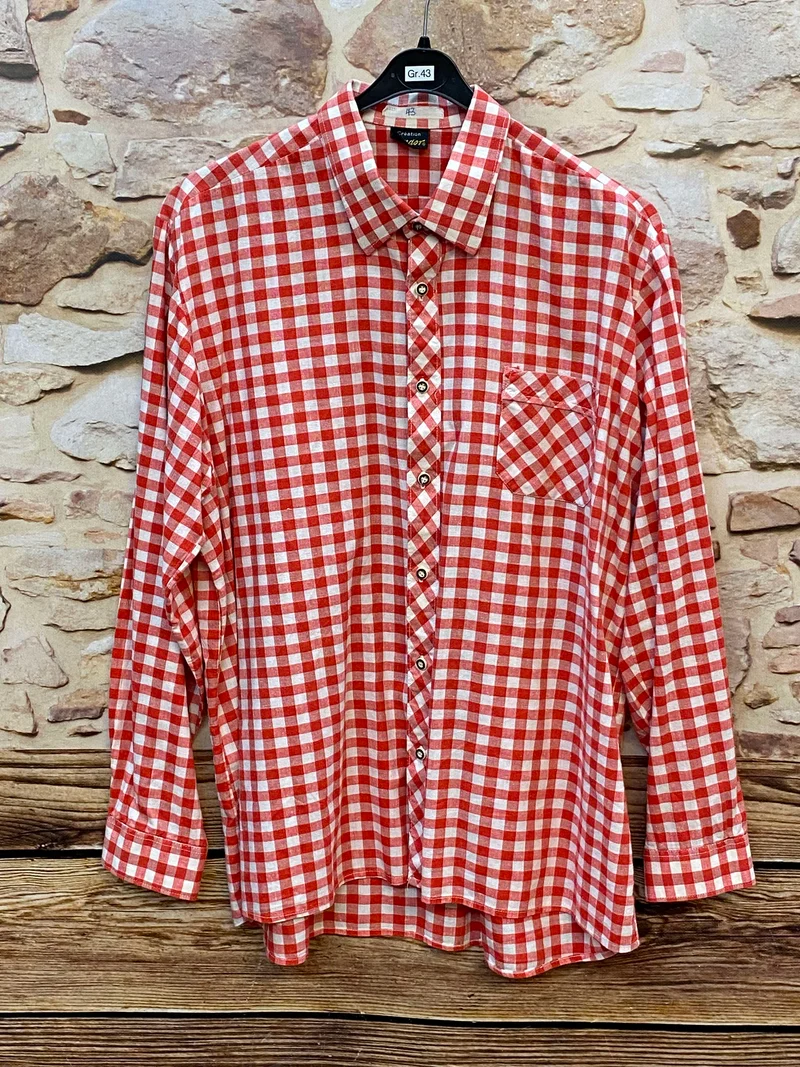 Trachtenhemd Herren rot weiß kariert Gr. 43 Vintage