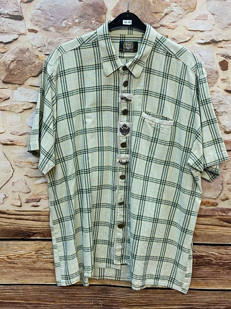 Trachtenhemd Herren kariert grün beige Gr. 46 Vintage