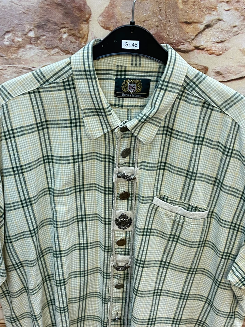 Trachtenhemd Herren kariert grün beige Gr. 46 Vintage