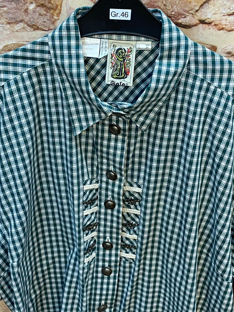 Vintage Trachtenhemd Herren Grün Kariert mit Stickerei Gr. 46