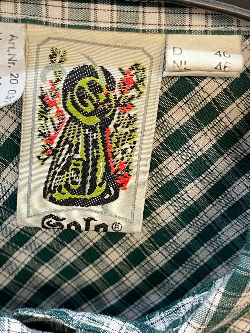 Vintage Trachtenhemd Herren Grün Kariert mit Stickerei Gr. 46