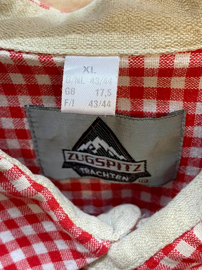 Trachtenhemd Herren Rot Weiß Kariert Stickerei Zugspitz Größe 43