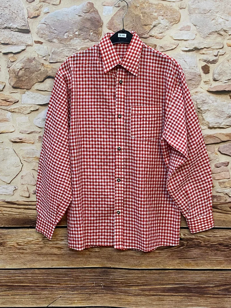 Vintage Trachtenhemd Herren Rot Weiß Kariert Größe M – klassisches Trachtenhemd
