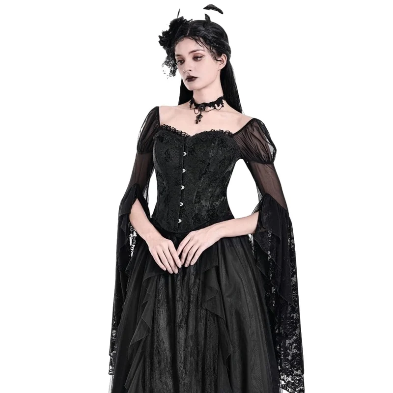 Schwarzes Gothic-Schnürkorsett aus Jacquard-Stoff mit Überbrustumfang für Damen
