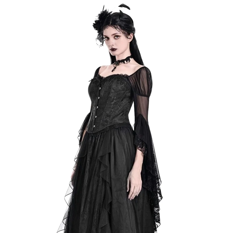 Schwarzes Gothic-Schnürkorsett aus Jacquard-Stoff mit Überbrustumfang für Damen