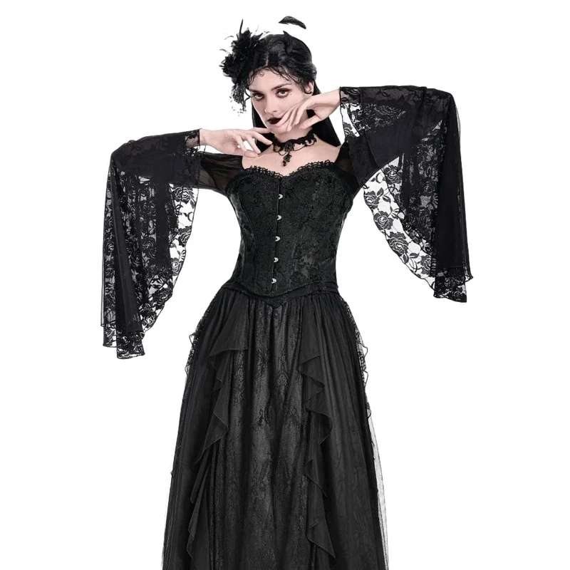 Schwarzes Gothic-Schnürkorsett aus Jacquard-Stoff mit Überbrustumfang für Damen