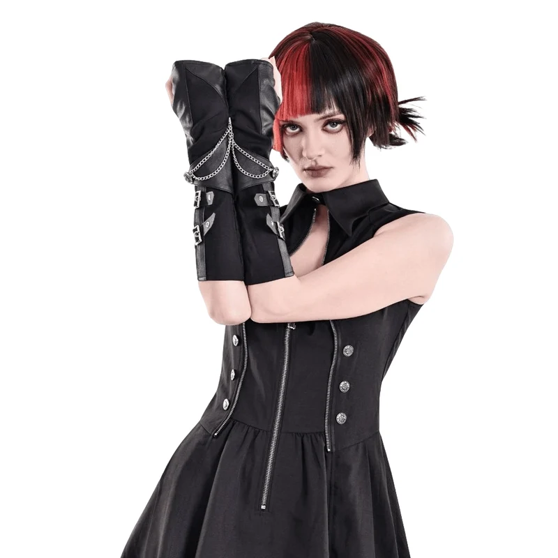 Punk-Handschuhe für Damen mit Schnallenriemen und Kette