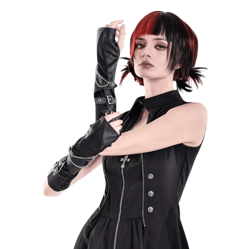 Punk-Handschuhe für Damen mit Schnallenriemen und Kette