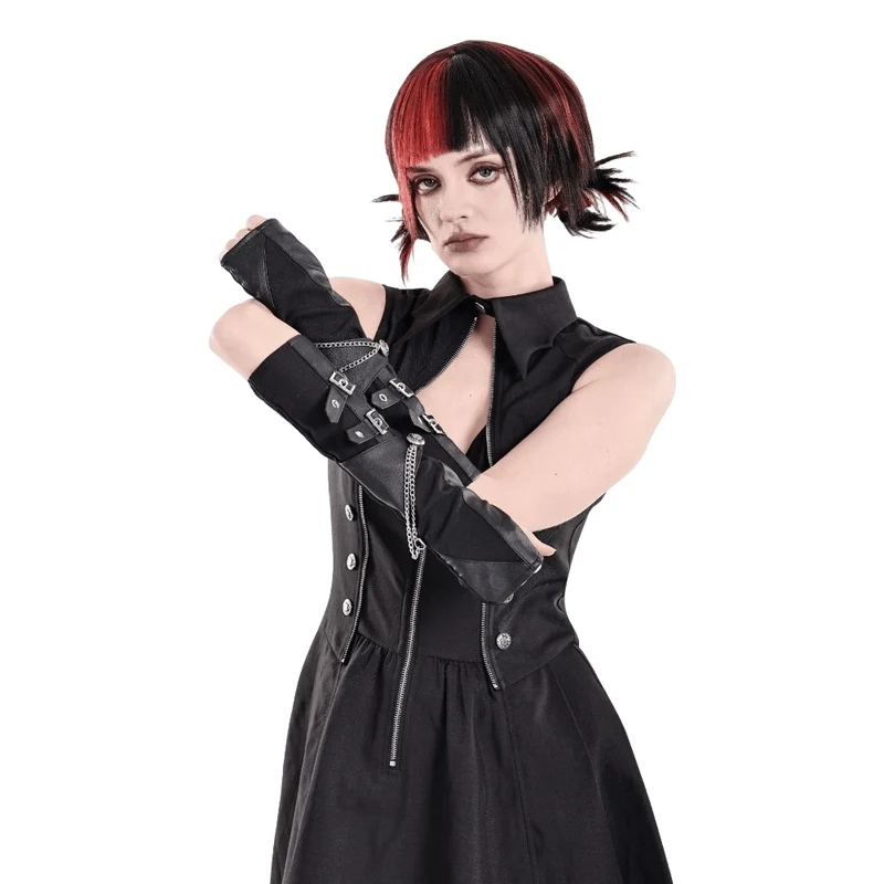 Punk-Handschuhe für Damen mit Schnallenriemen und Kette
