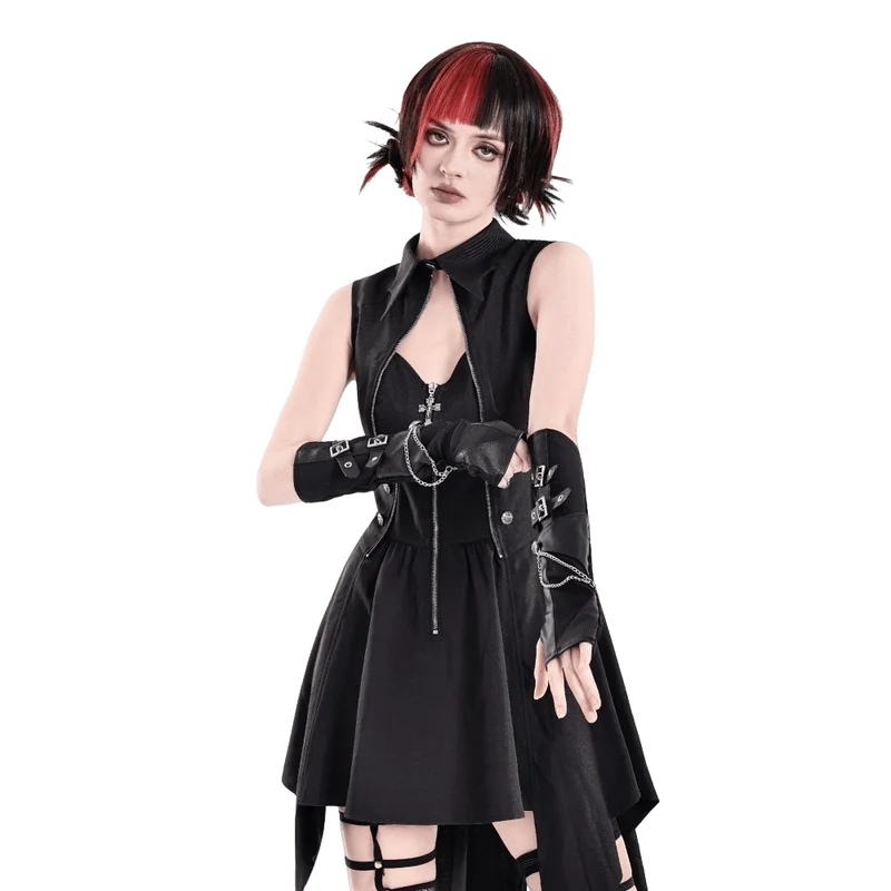 Punk-Handschuhe für Damen mit Schnallenriemen und Kette