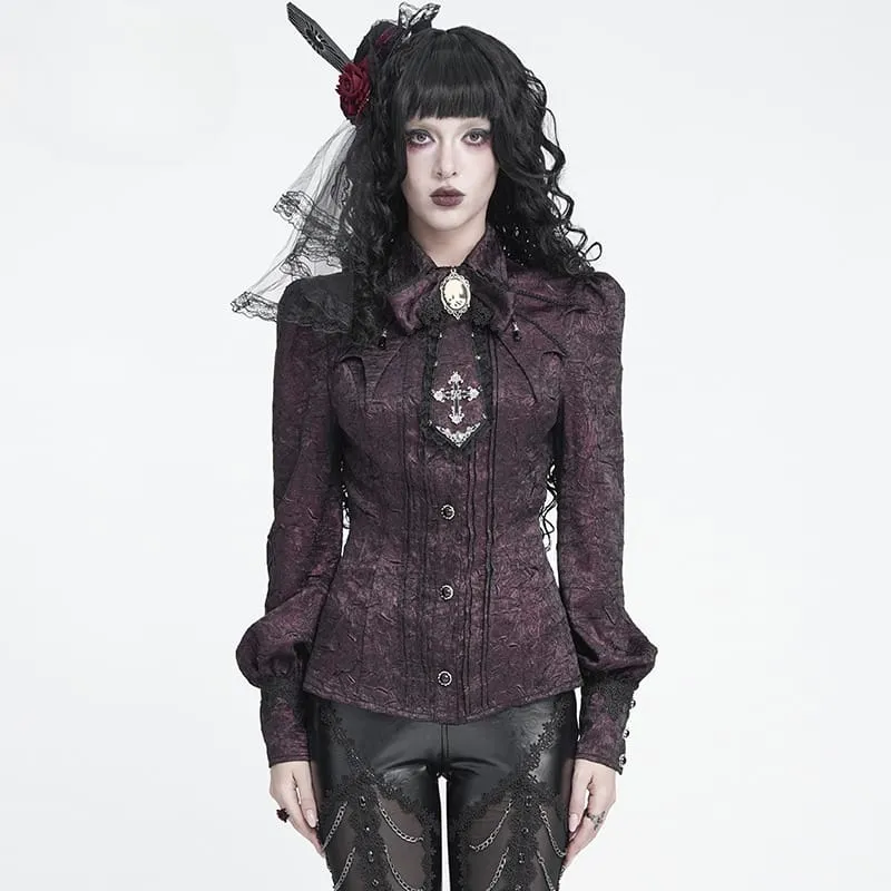 Gothic-Jacquard-Hemd für Damen mit Fledermausärmeln und Krawatte, rot