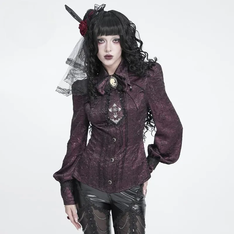 Gothic-Jacquard-Hemd für Damen mit Fledermausärmeln und Krawatte, rot