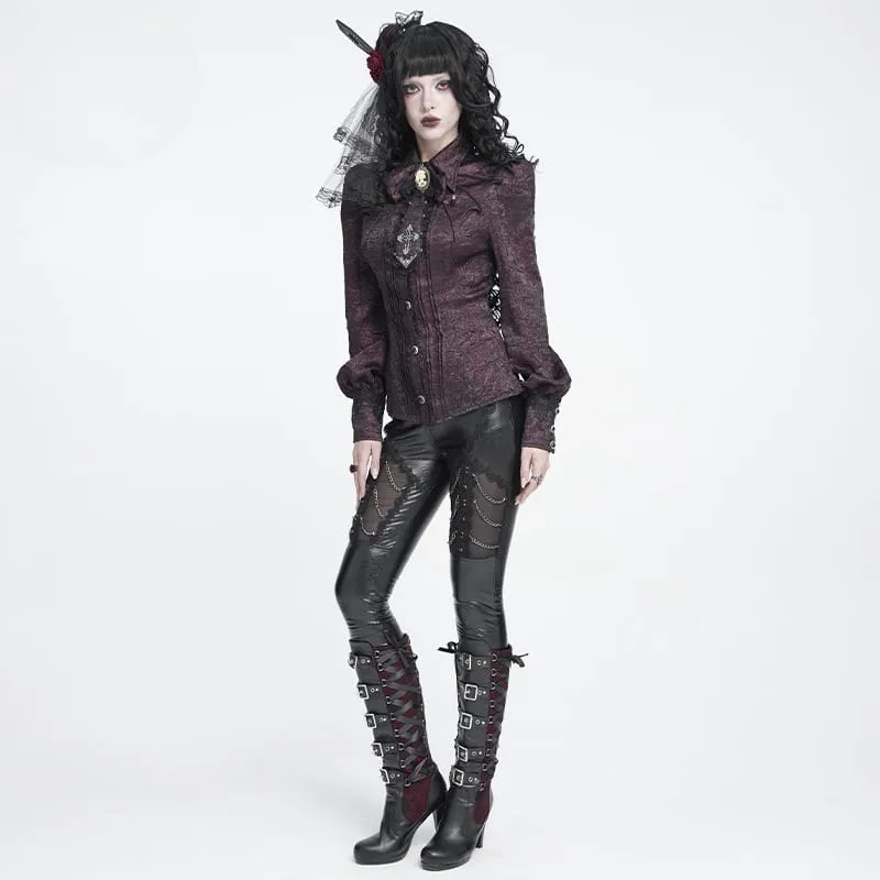 Gothic-Jacquard-Hemd für Damen mit Fledermausärmeln und Krawatte, rot