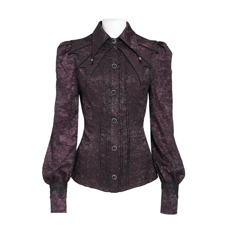 Gothic-Jacquard-Hemd für Damen mit Fledermausärmeln und Krawatte, rot