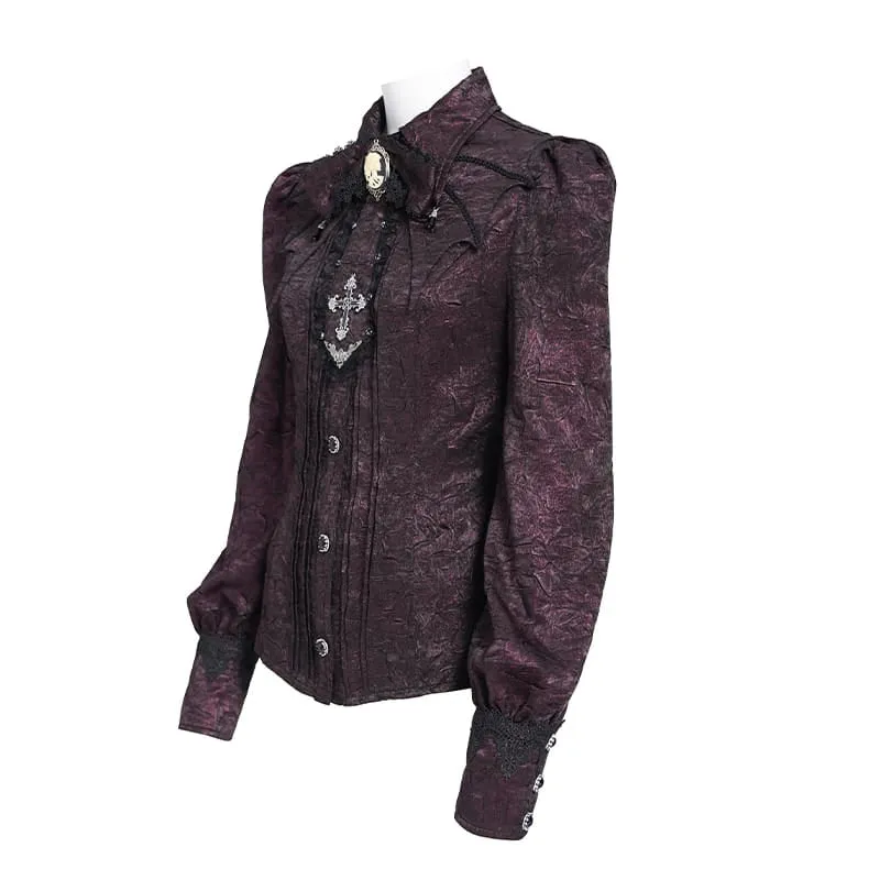 Gothic-Jacquard-Hemd für Damen mit Fledermausärmeln und Krawatte, rot